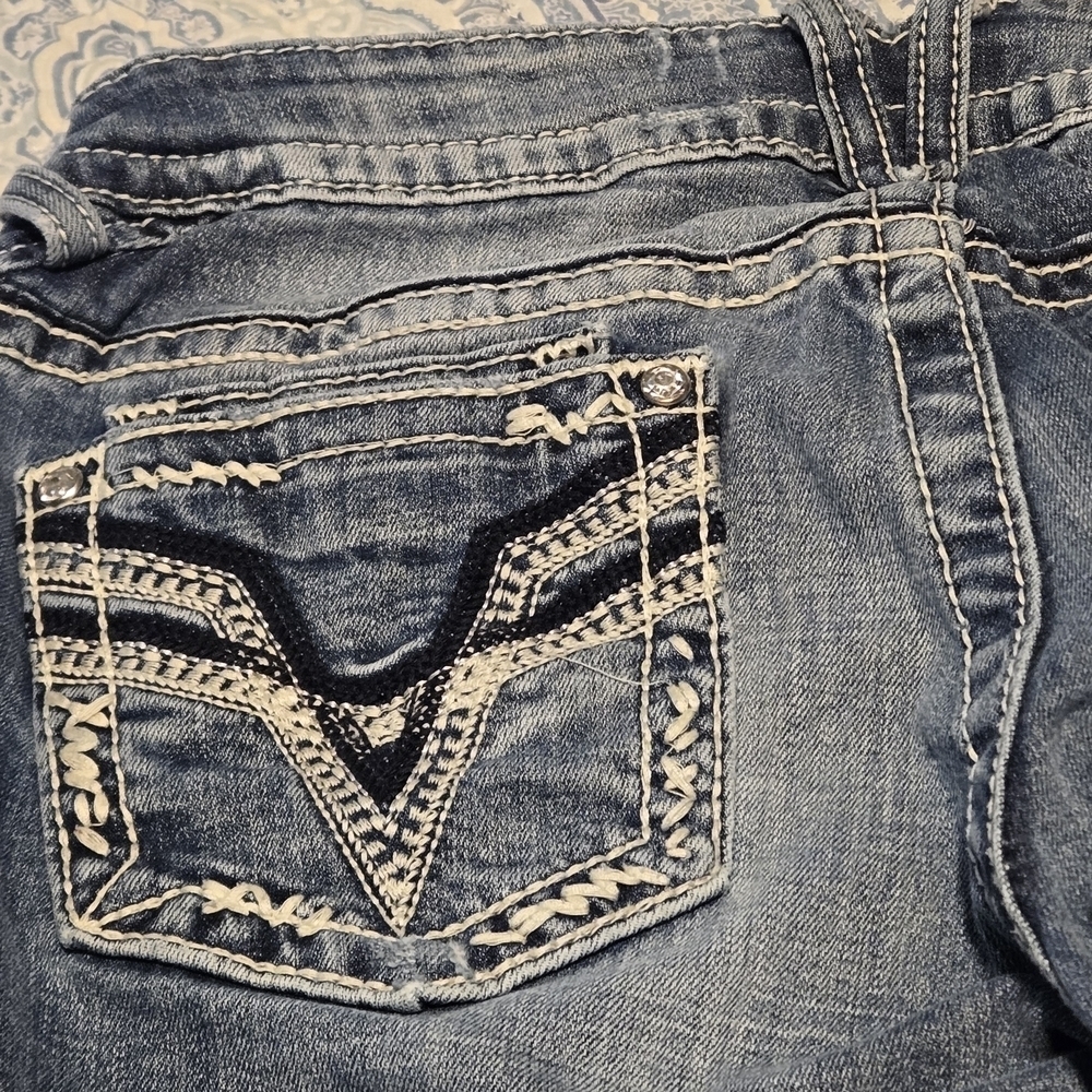 Y2K VIGOSS The Dublin Capri Jeans 9/10 Blue Embellished Rhinestone Bling Denim - Picture 7 of 16